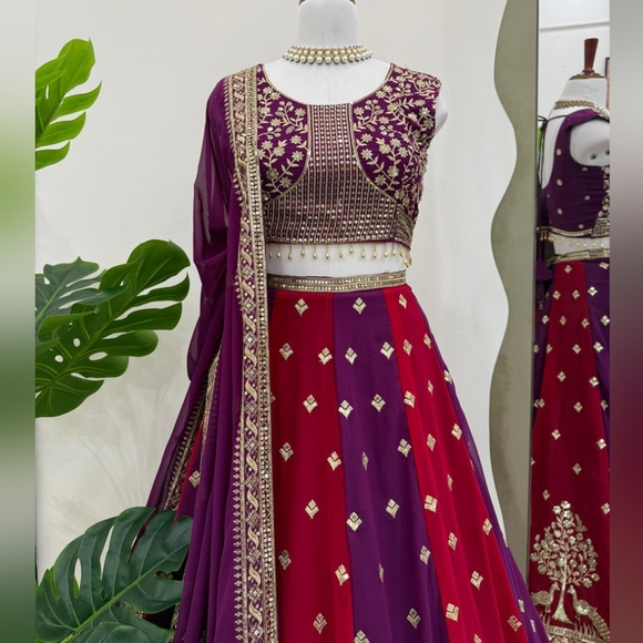 Lehenga Choli Set Heavy Embroidered Wedding Outfit Maroon Purplel Sangeet Garba - Picture 3 of 12